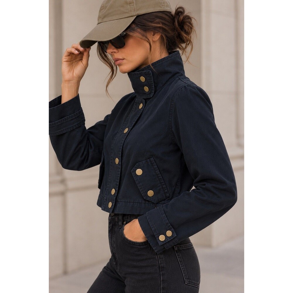 BCBGMAXAZRIA Y2K Cropped Navy Jacket Gold Hardware Cotton Spandex Military